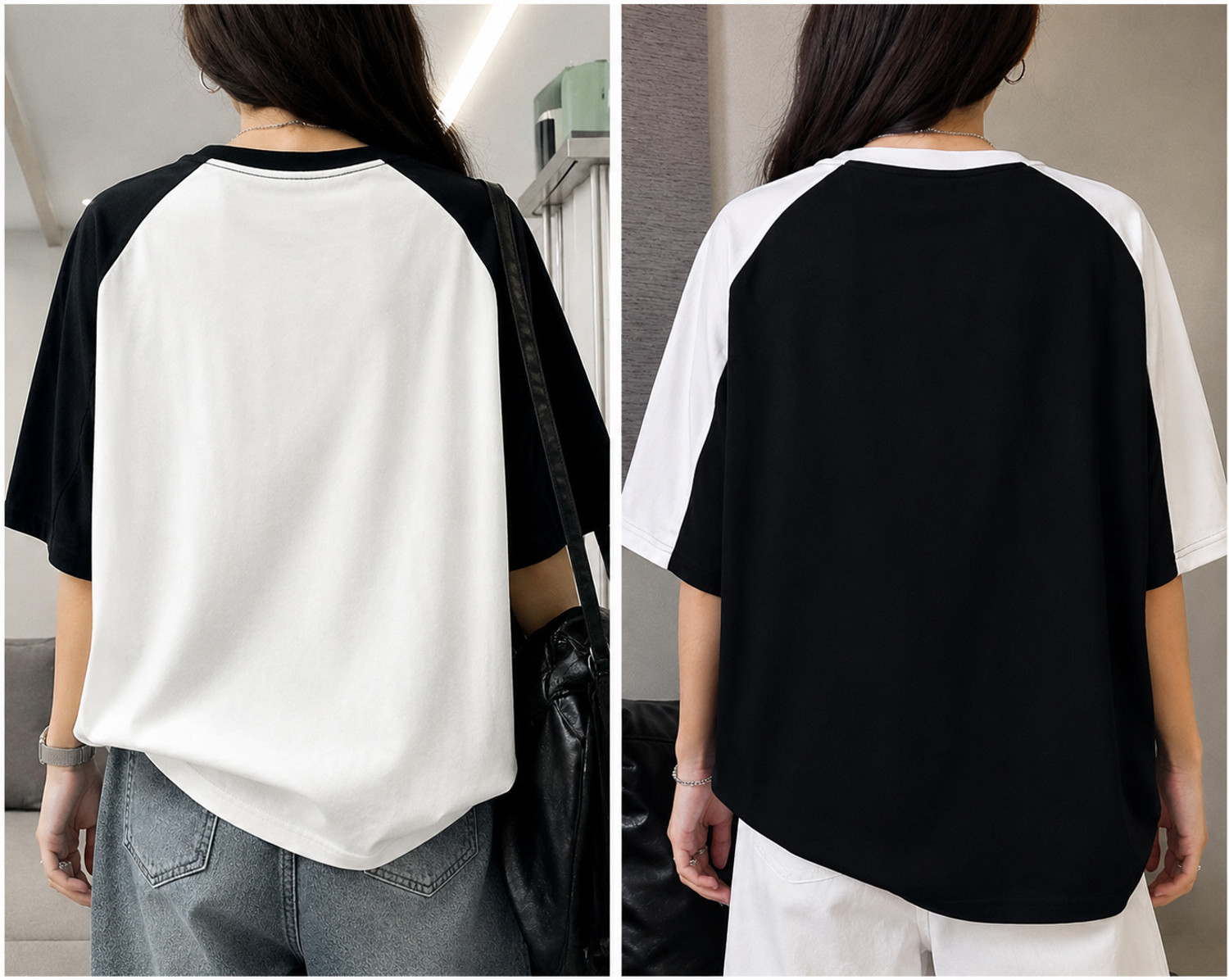 Image of LOOKS Women Colorblock Round Neck Cotton Blend Black, White T-Shirt