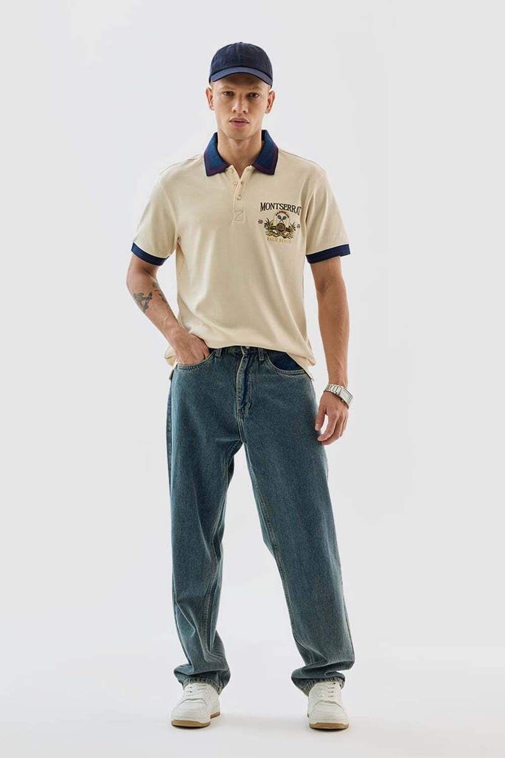 Image of Snitch Embroidered Men Polo Neck Beige T-Shirt