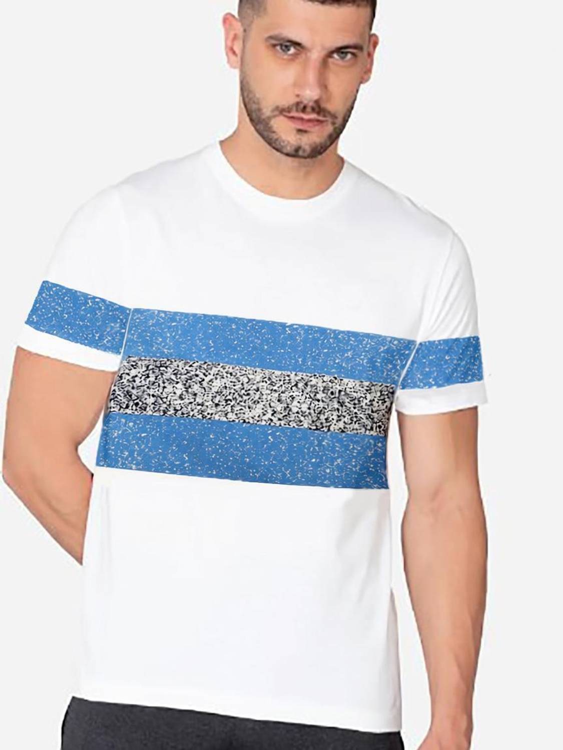 9LKHA Striped Men Round Neck White T-Shirt