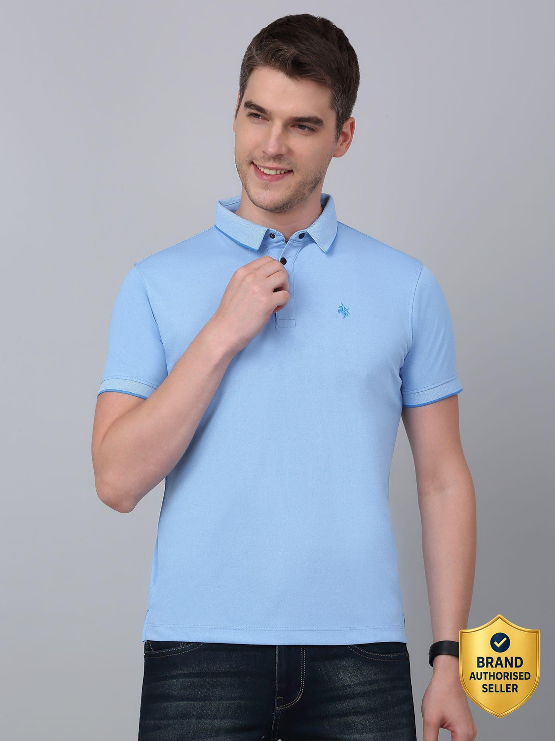 Image of CANTABIL Solid Men Polo Neck Blue T-Shirt