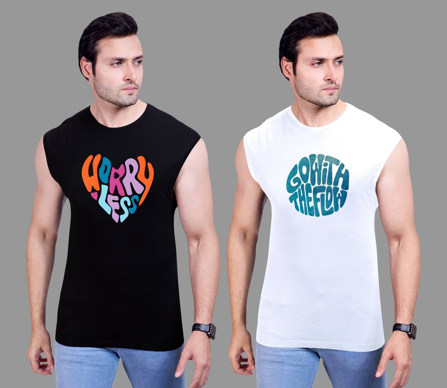 I&D Pack of 2 Men Graphic Print Round Neck Pure Cotton Black, Whi