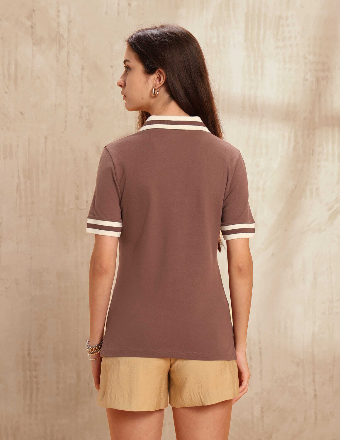 Image of U.S. POLO ASSN. Self Design Women Polo Neck Brown T-Shirt