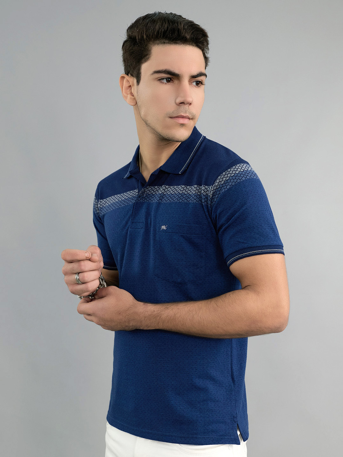 Image of MONTE CARLO Men Striped Polo Neck Cotton Blend Navy Blue T-Shirt
