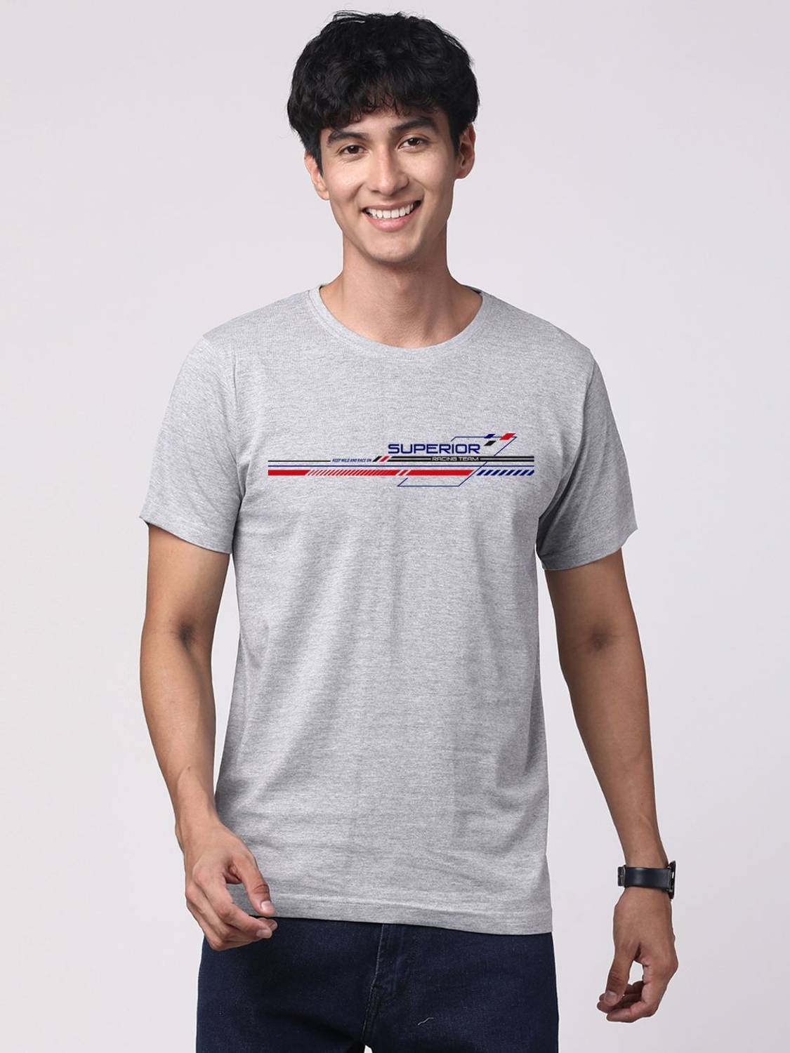 ADRO Printed Men Round Neck Grey T-Shirt