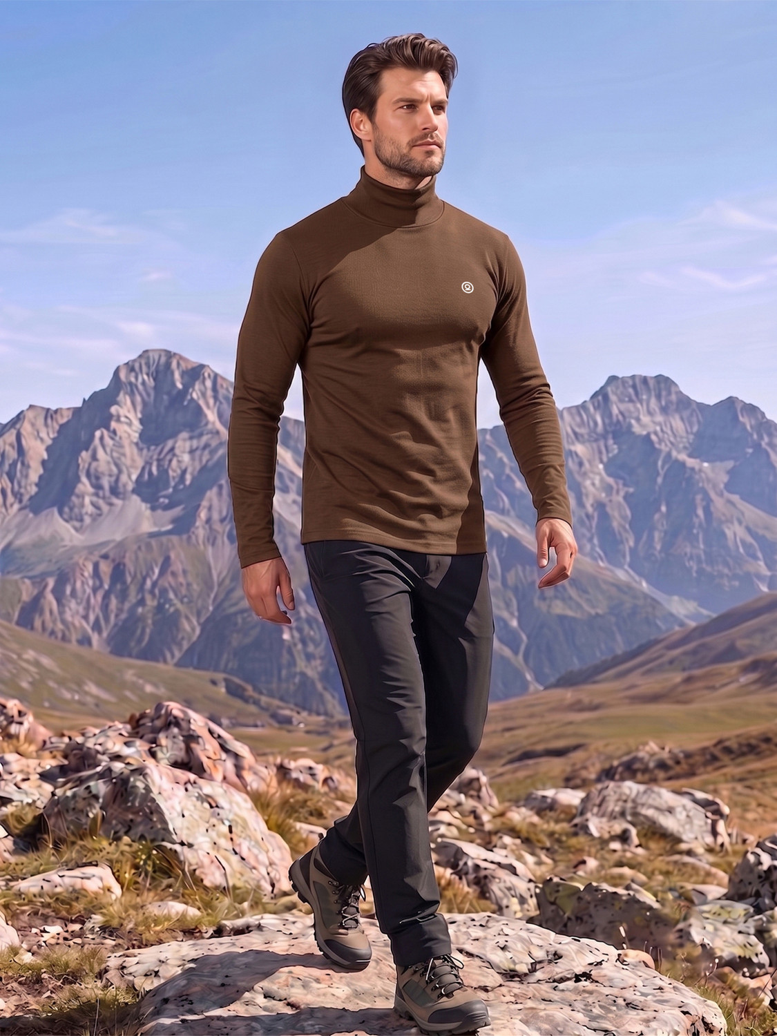 Image of CHKOKKO Solid Men High Neck Brown T-Shirt