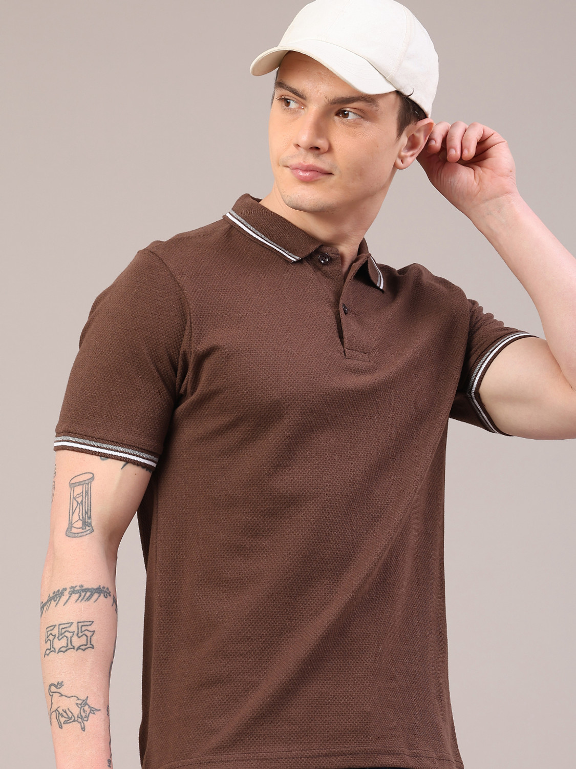 Image of V-MART Self Design Men Polo Neck Brown T-Shirt
