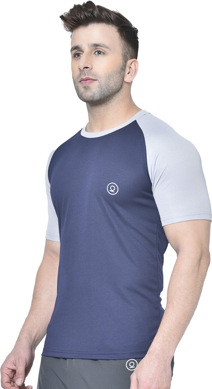 Image of CHKOKKO Colorblock Men Round Neck Blue, Grey T-Shirt