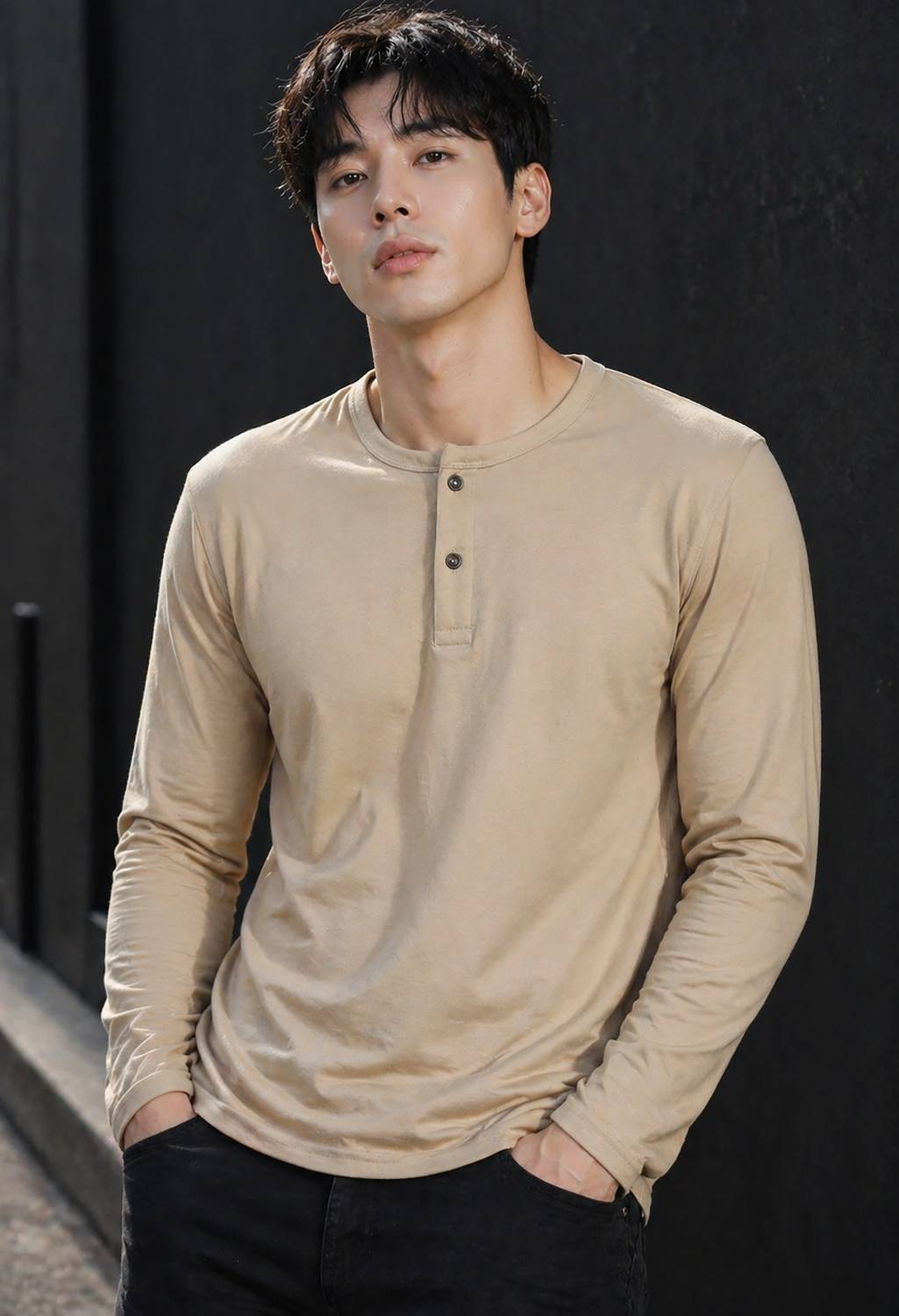 Creation London Hills Men Beige Henley Neck T-Shirt - Image 5