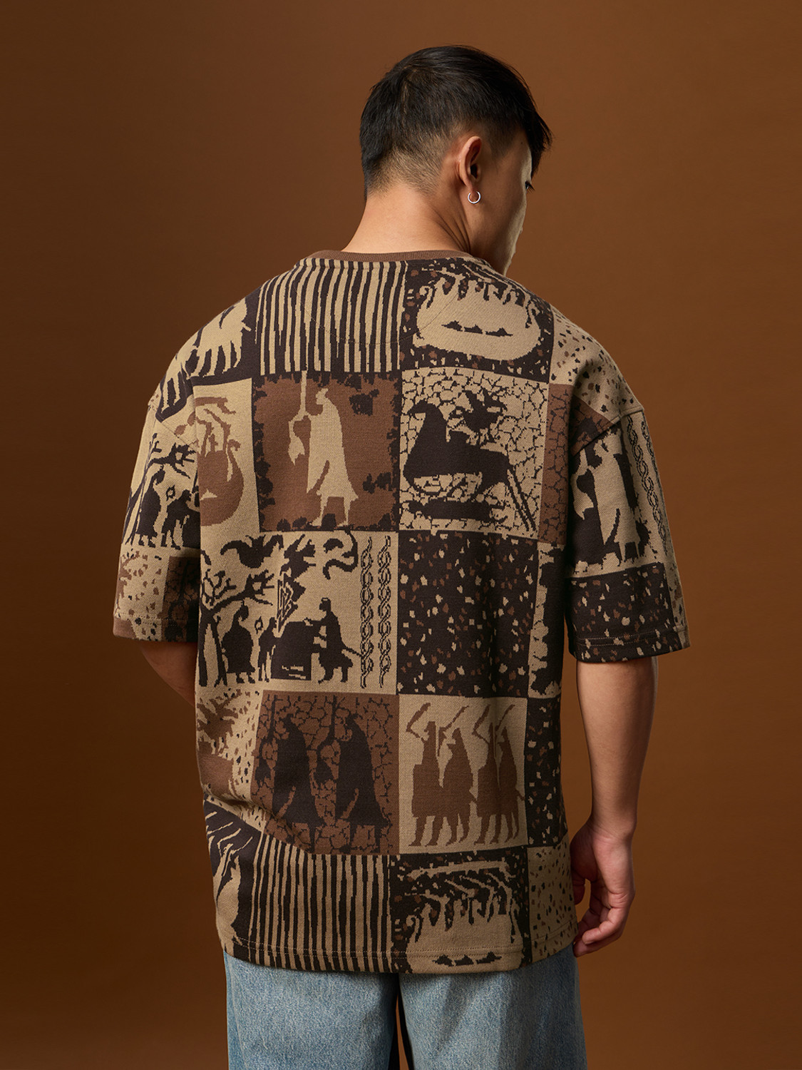 Image of The Souled Store Tribal Print Men Crew Neck Brown T-Shirt