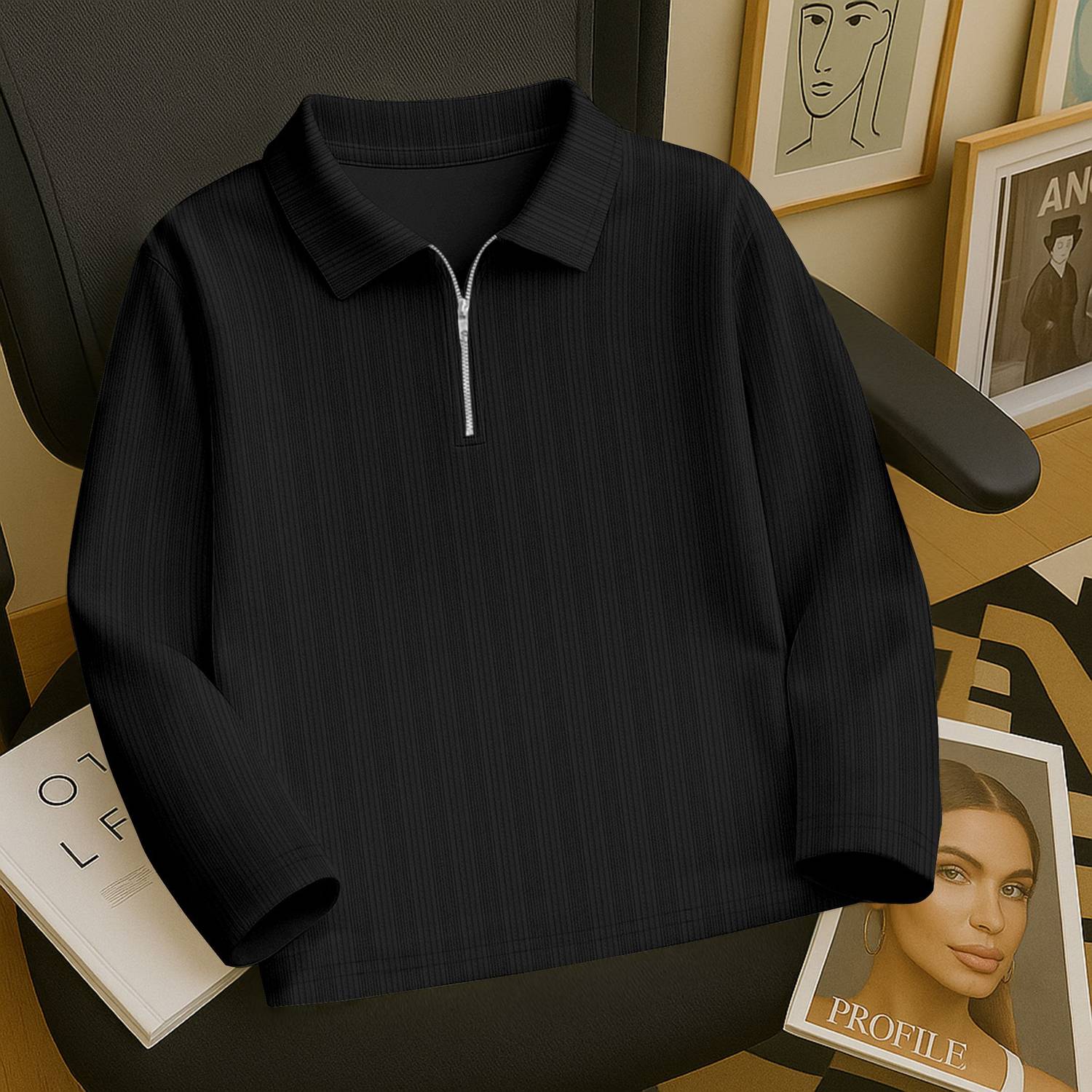 KAJARU Men Self Design Zip Neck Polycotton Black T-Shirt