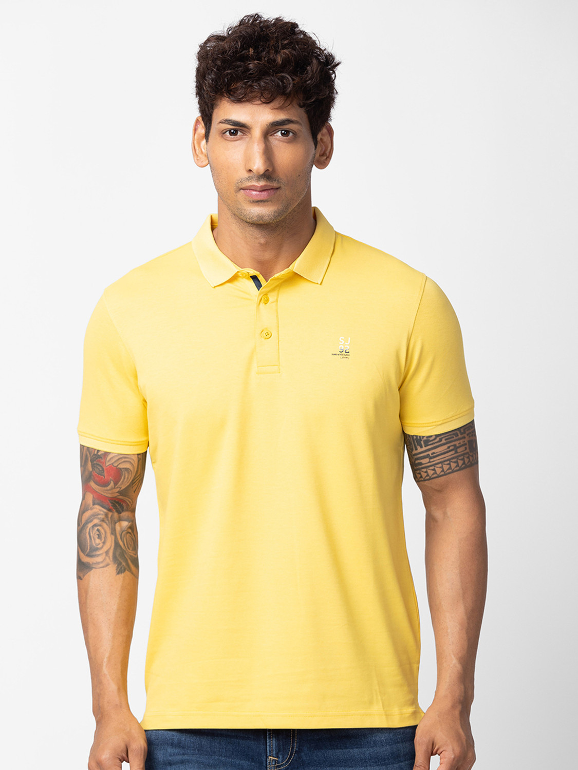 Image of Spykar Solid Men Polo Neck Yellow T-Shirt