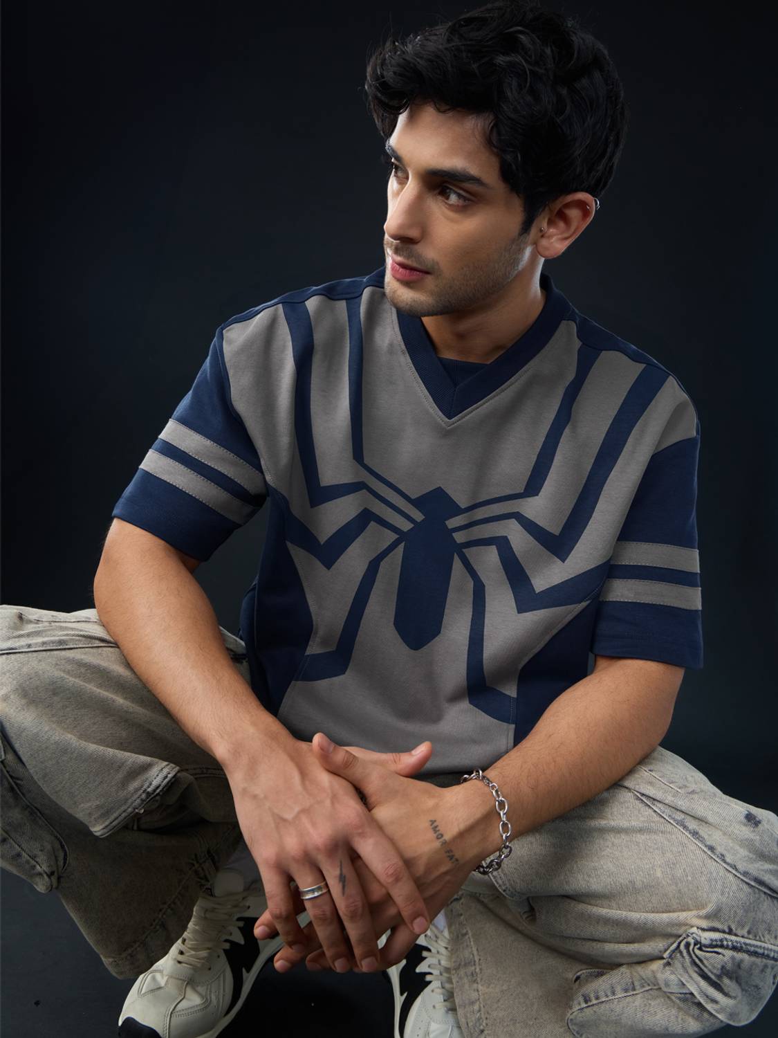 The Souled Store Men Navy Blue, Grey V Neck T-Shirt - Image 2