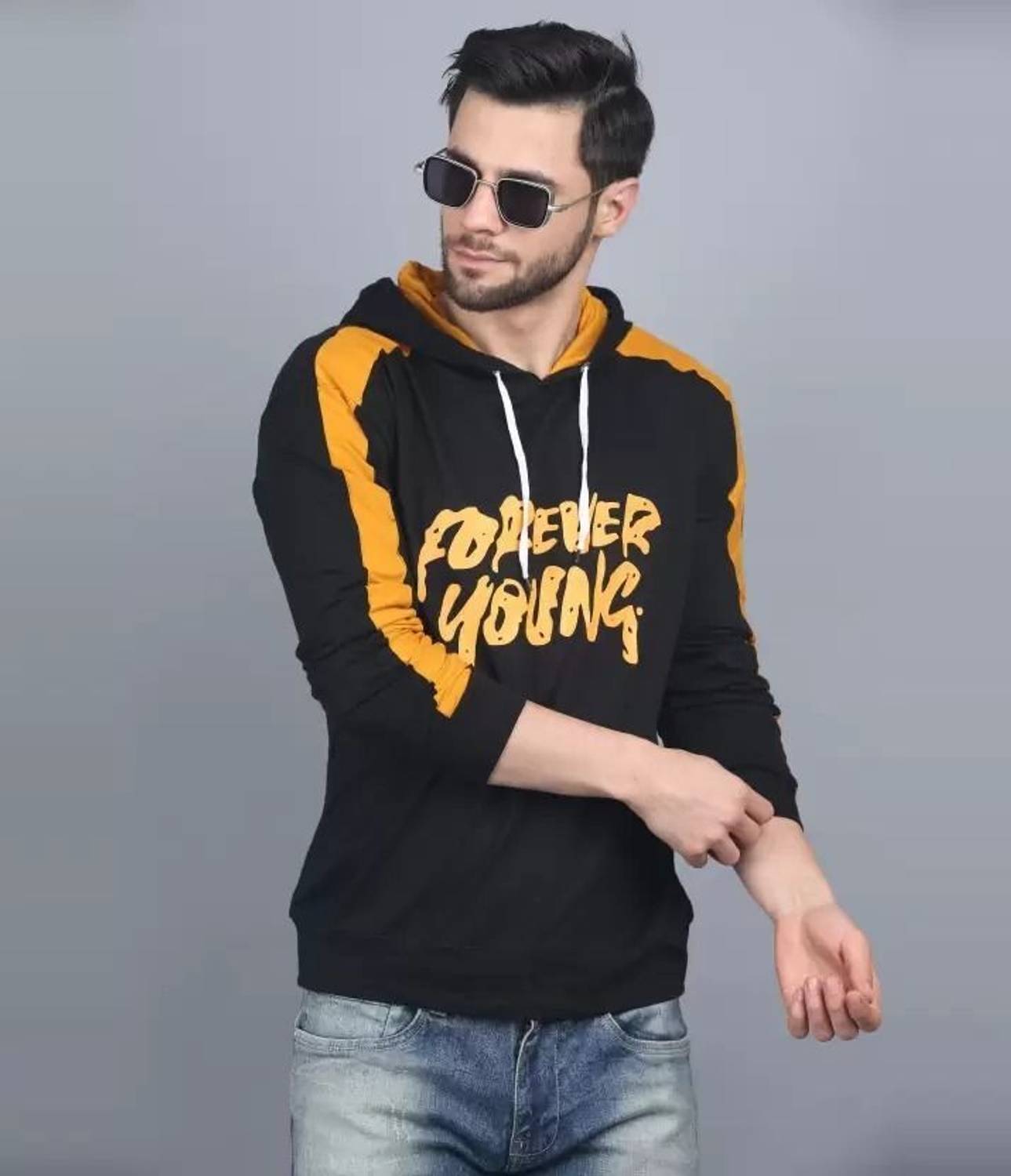 Bhadawar Creations Printed Men Hooded Neck Yellow, Black T-Shirt