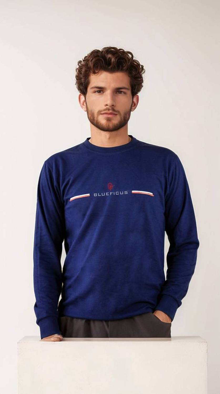 BlueFicus Men Printed, Typography Round Neck Cotton Blend Blue T-