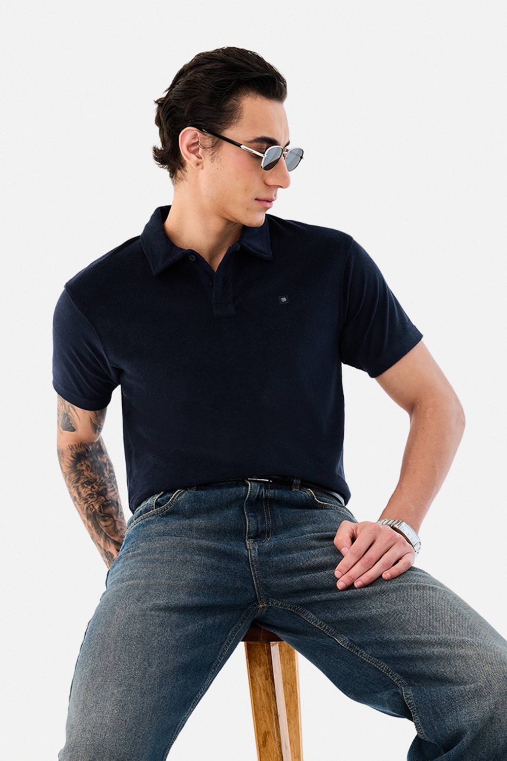 Image of Snitch Solid Men Polo Neck Navy Blue T-Shirt