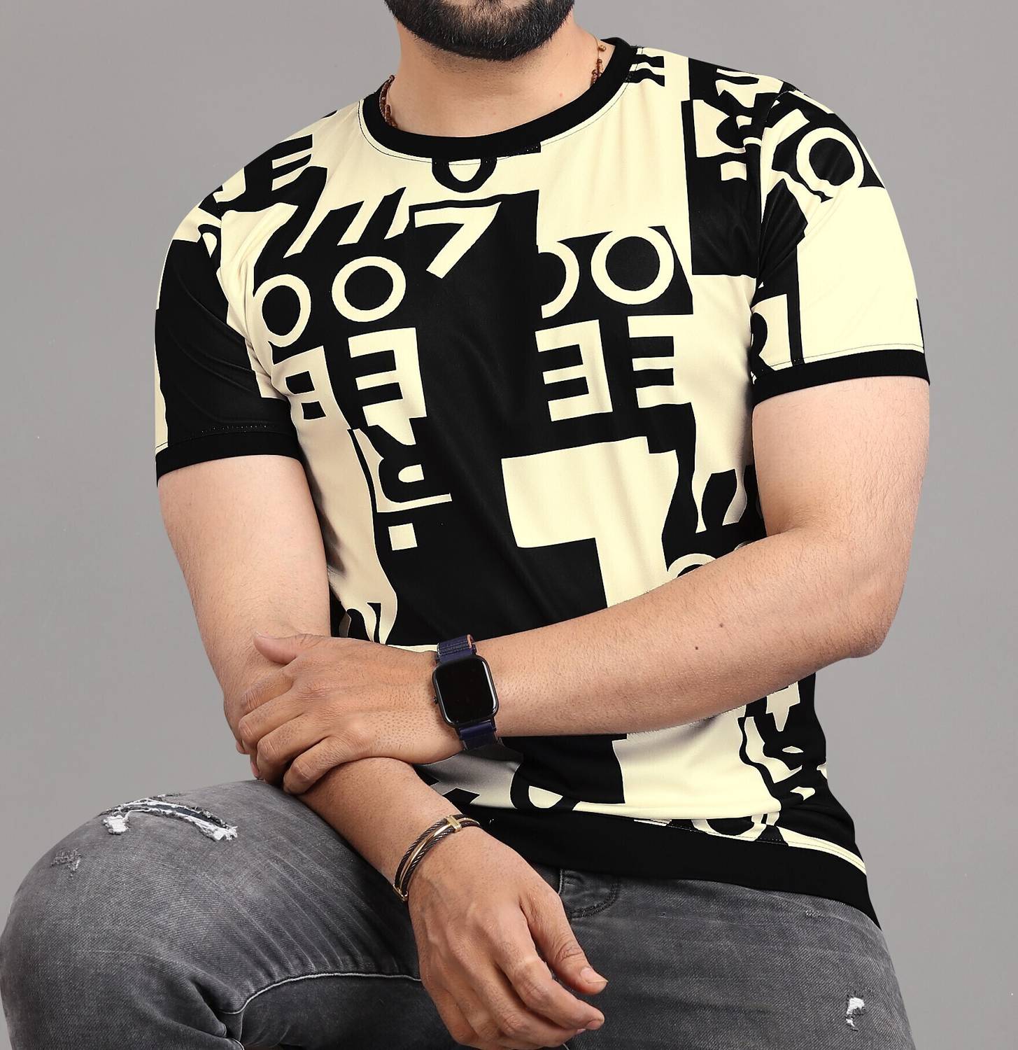 sti Men Printed Round Neck Polyester Gold T-Shirt