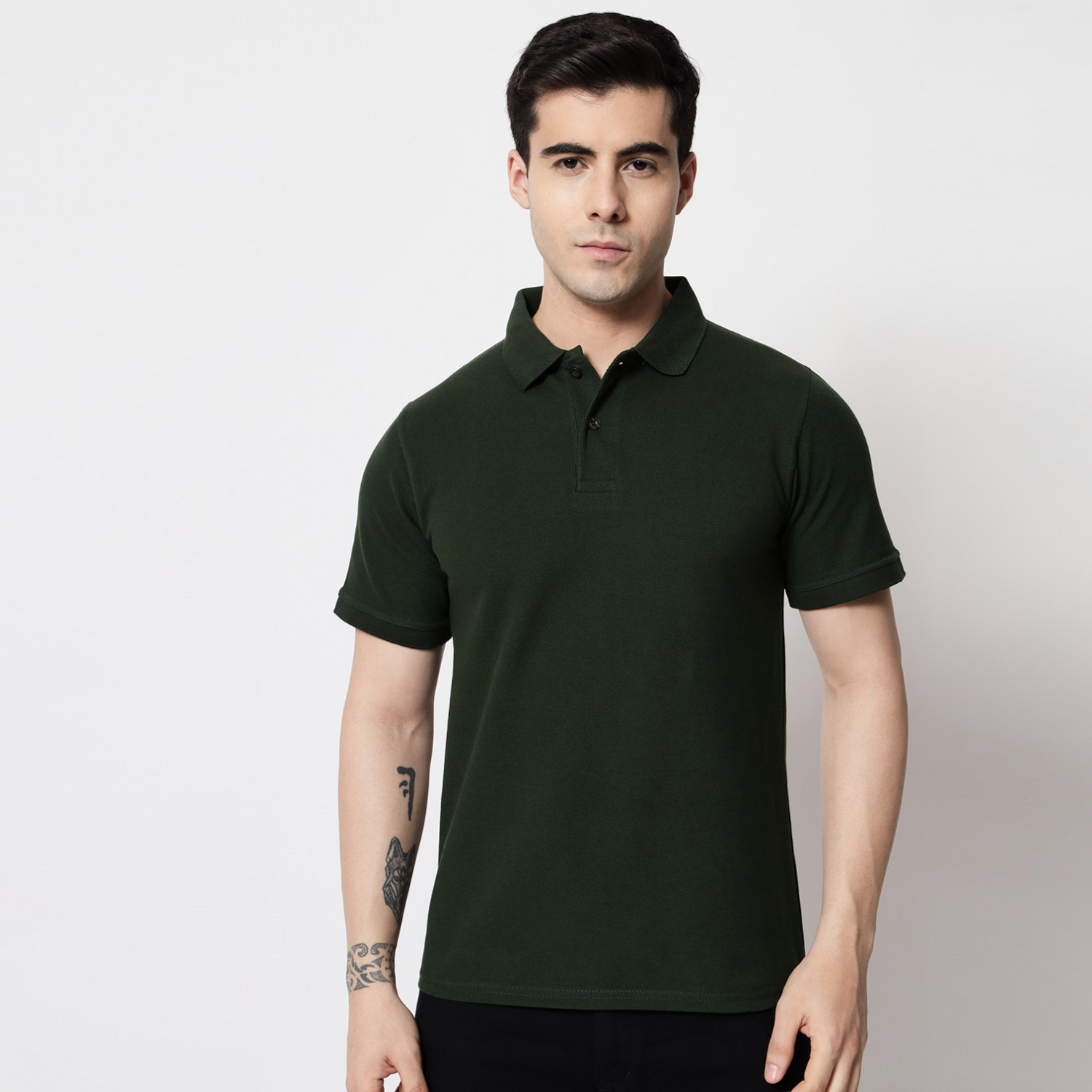 Image of Cryptic Solid Men Polo Neck Dark Green T-Shirt