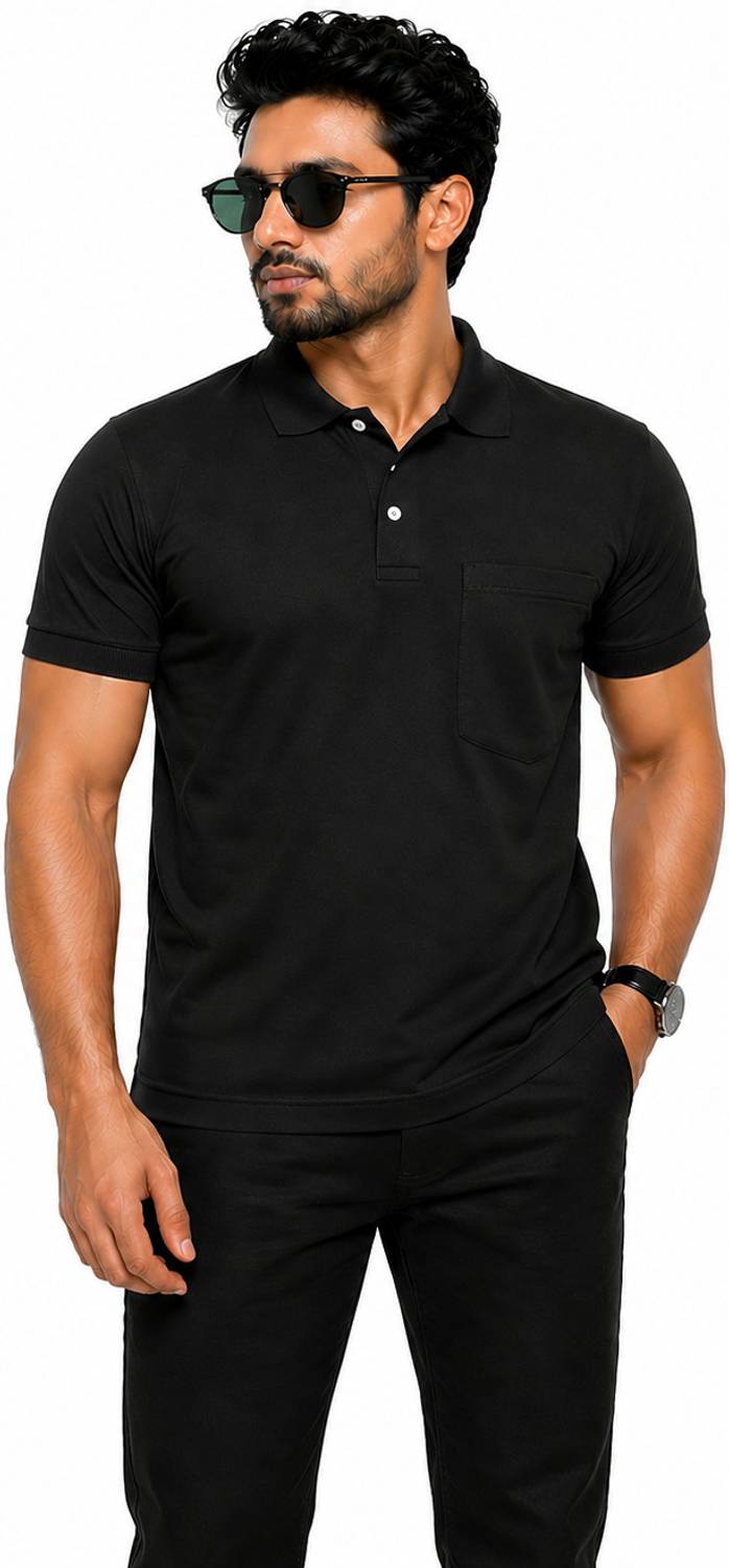 LUXANOVA Men Solid Polo Neck Polycotton Black T-Shirt
