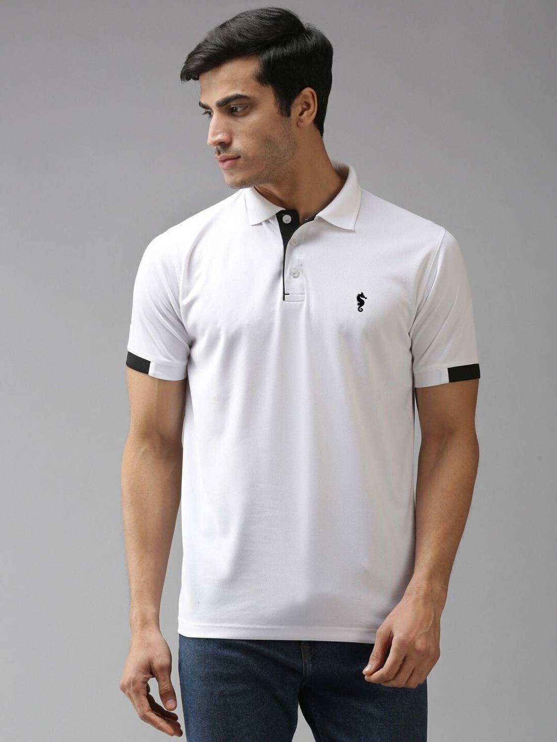 EPPE White-Black Polo Neck Half Sleeve Polyester Dry Fit T-shirt
