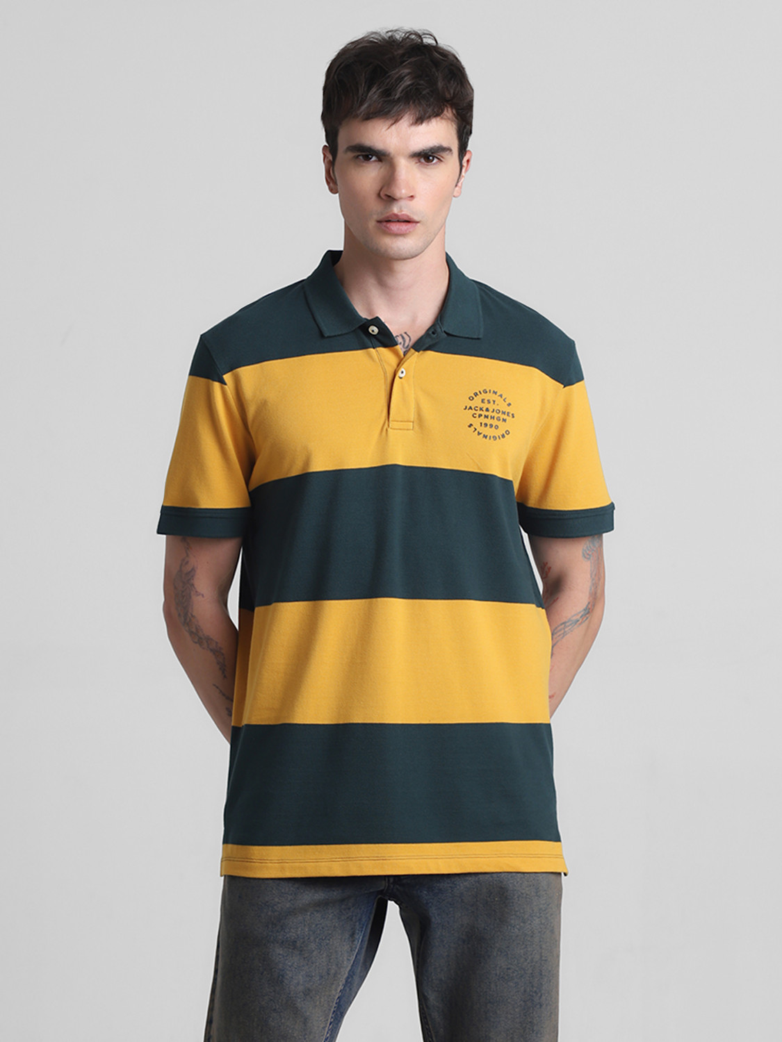 Image of JACK & JONES Striped Men Polo Neck Yellow T-Shirt