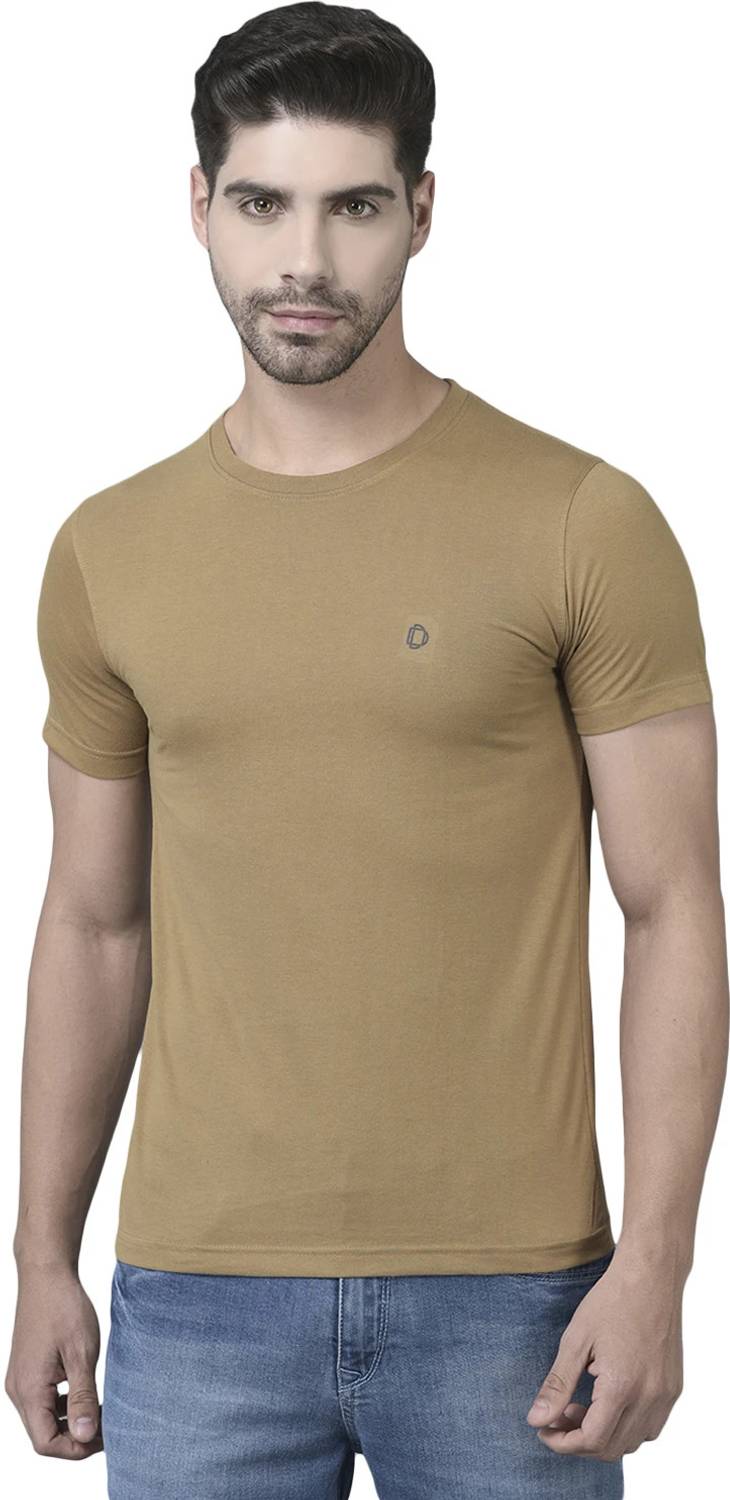 Dollar Men Solid Round Neck Cotton Blend Beige T-Shirt