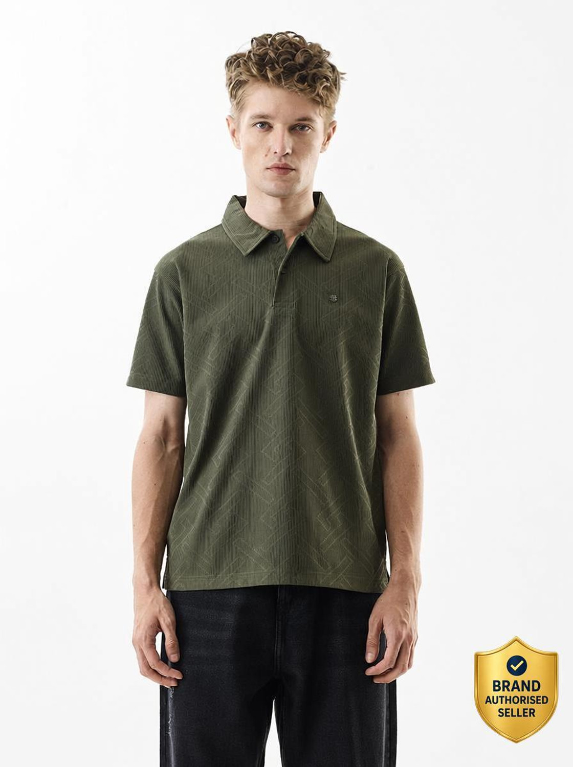 Image of Snitch Geometric Print Men Polo Neck Dark Green T-Shirt