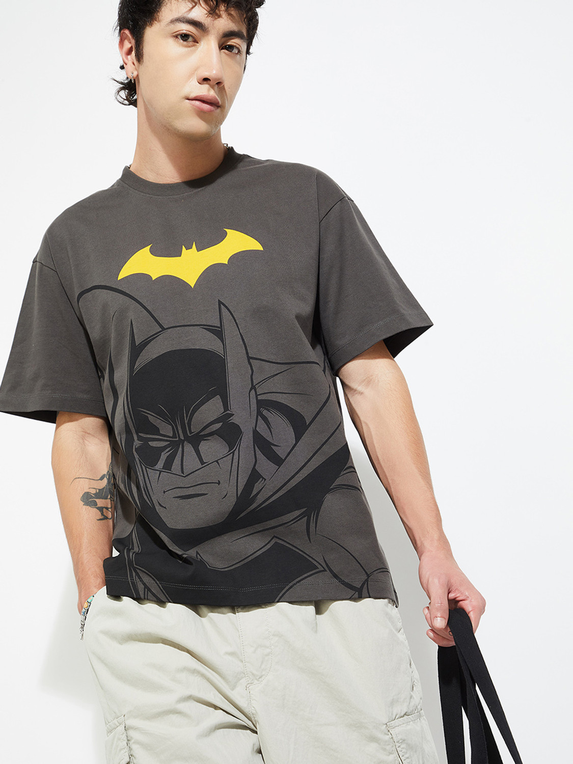 Image of MAX Batman Men Printed Round Neck Pure Cotton Grey T-Shirt