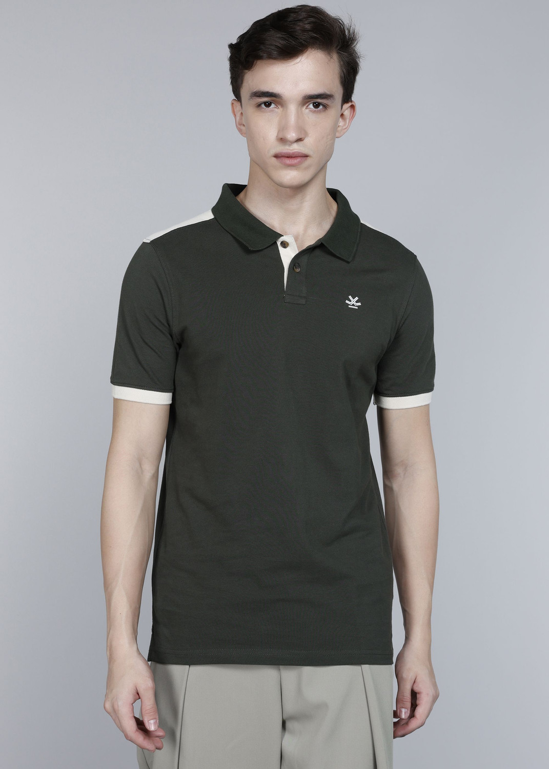 Image of WROGN Men Solid Polo Neck Pure Cotton Green T-Shirt