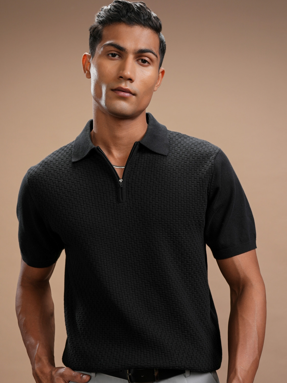 Image of HIGHLANDER Self Design Men Polo Neck Black T-Shirt