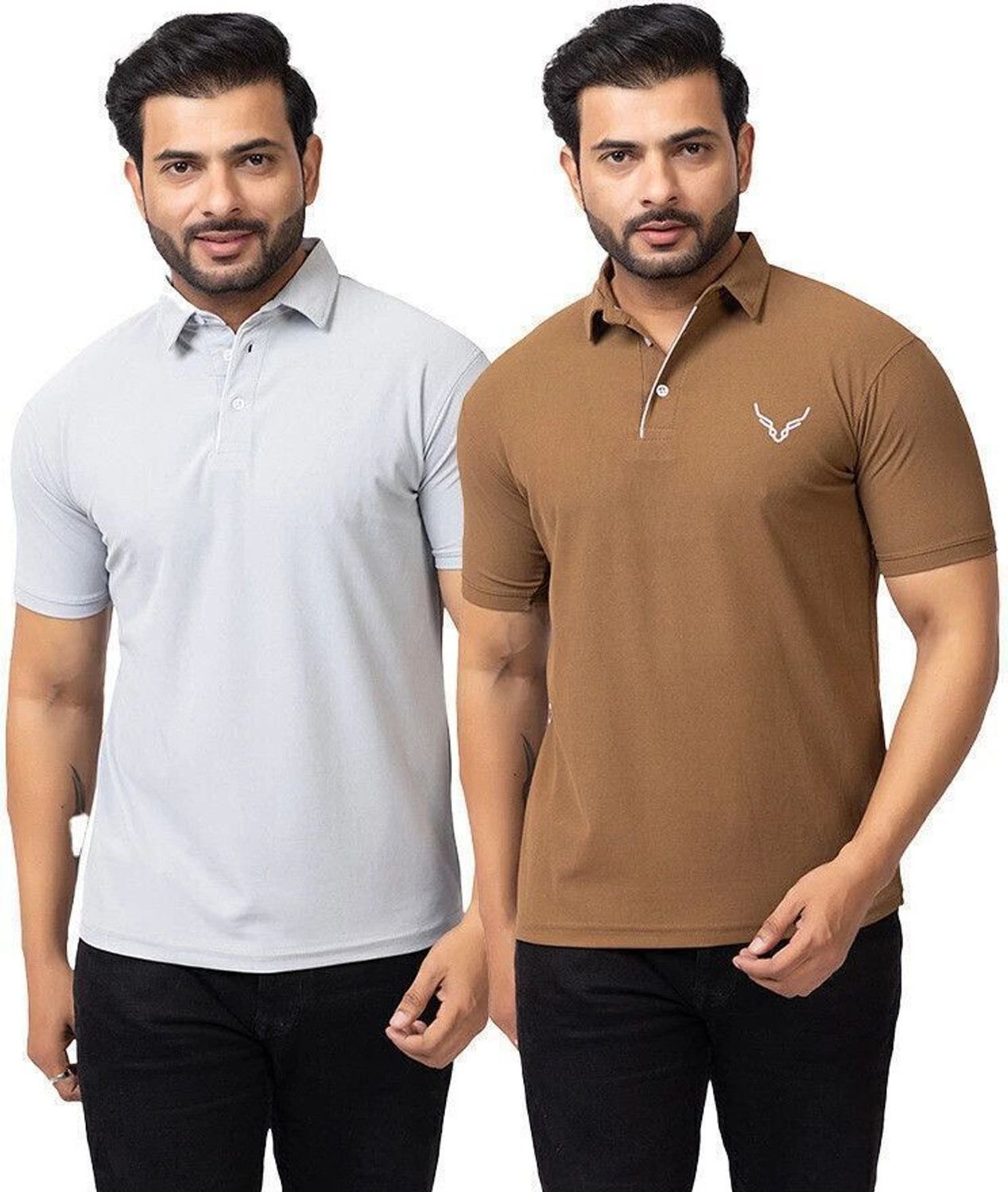 Image of BUFFARO Solid Men Polo Neck Grey, Brown T-Shirt