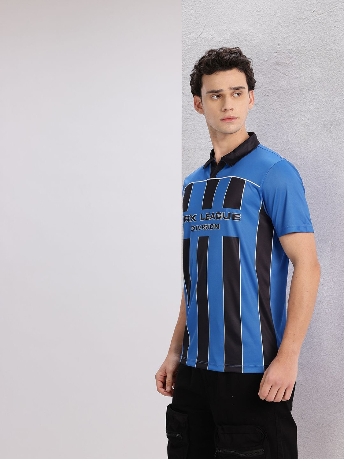 Image of HRX by Hrithik Roshan Striped Men Polo Neck Blue T-Shirt