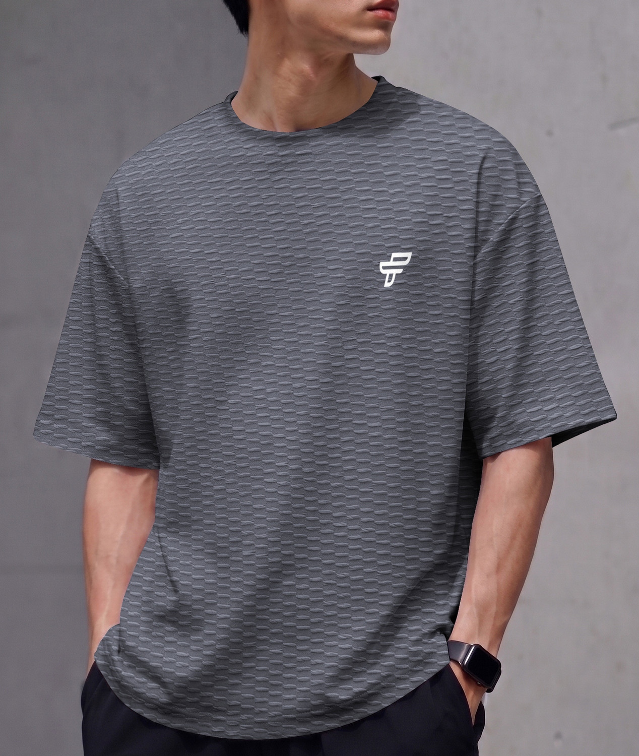 Image of FEEL TRACK Men Self Design Round Neck Elastane Grey T-Shirt