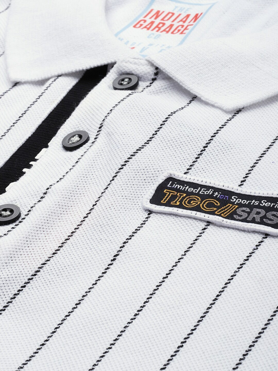 Image of The Indian Garage Co. Striped Men Polo Neck White T-Shirt