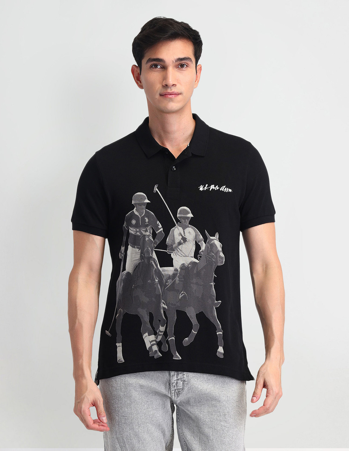 Image of U.S. POLO ASSN. Graphic Print Men Polo Neck Black T-Shirt