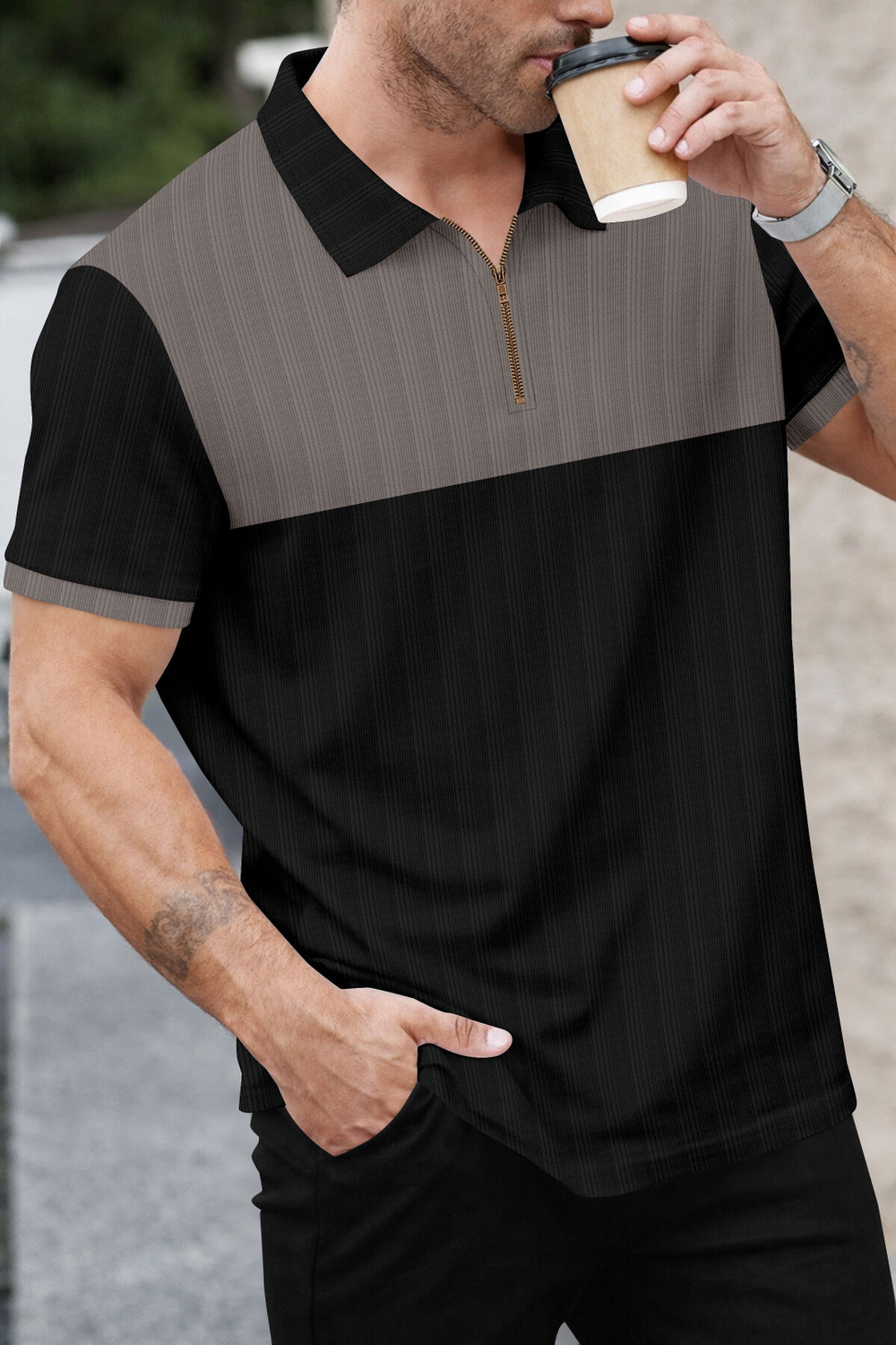 Image of KAJARU Colorblock Men Zip Neck Grey, Black T-Shirt