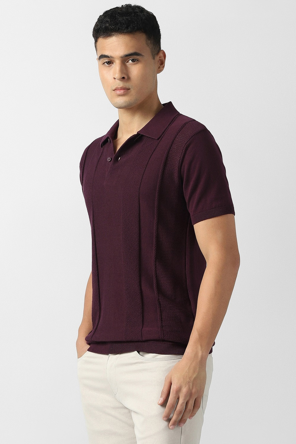 Image of VAN HEUSEN Self Design Men Polo Neck Maroon T-Shirt