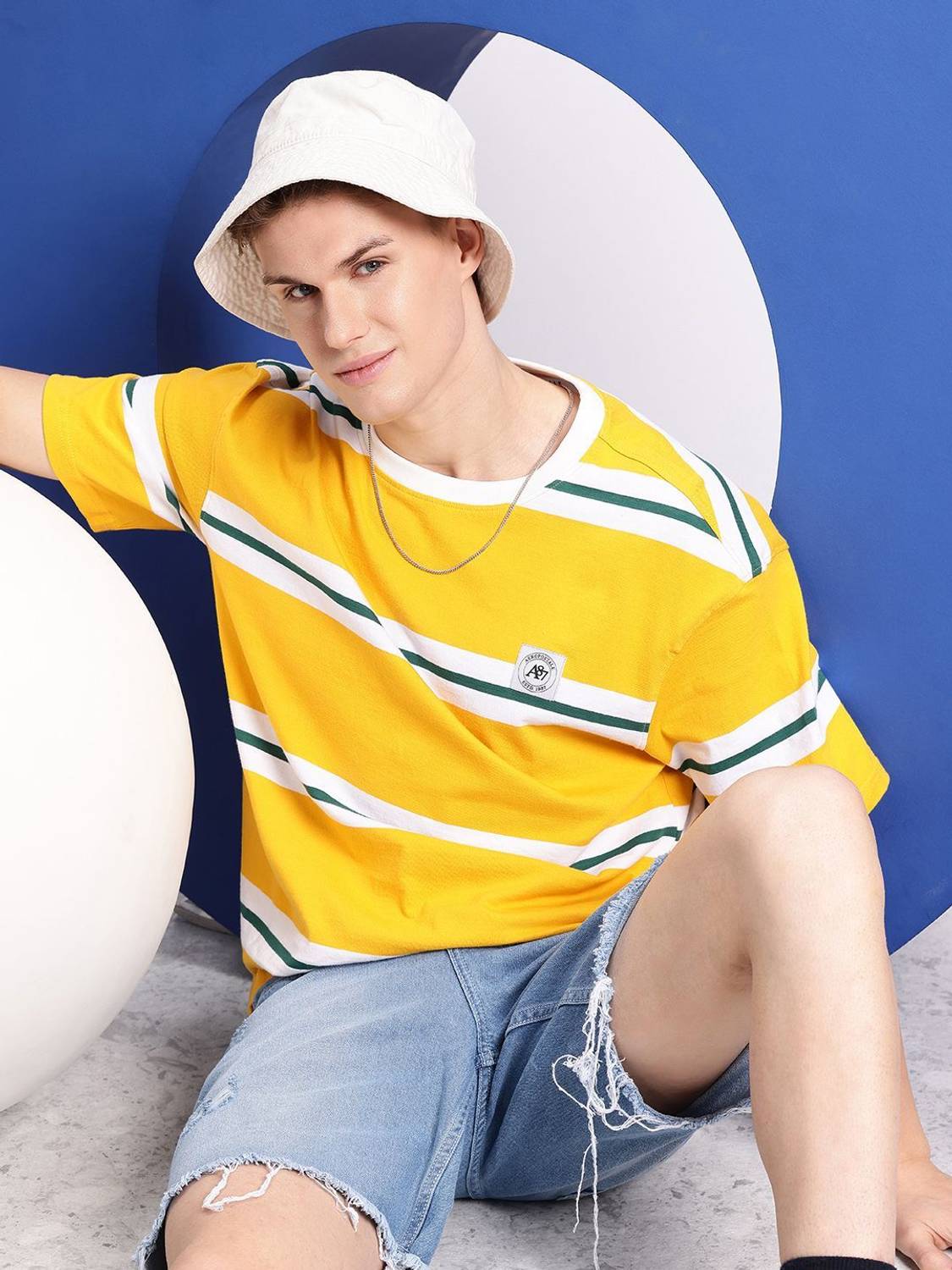 AEROPOSTALE Striped Men Round Neck Yellow T-Shirt