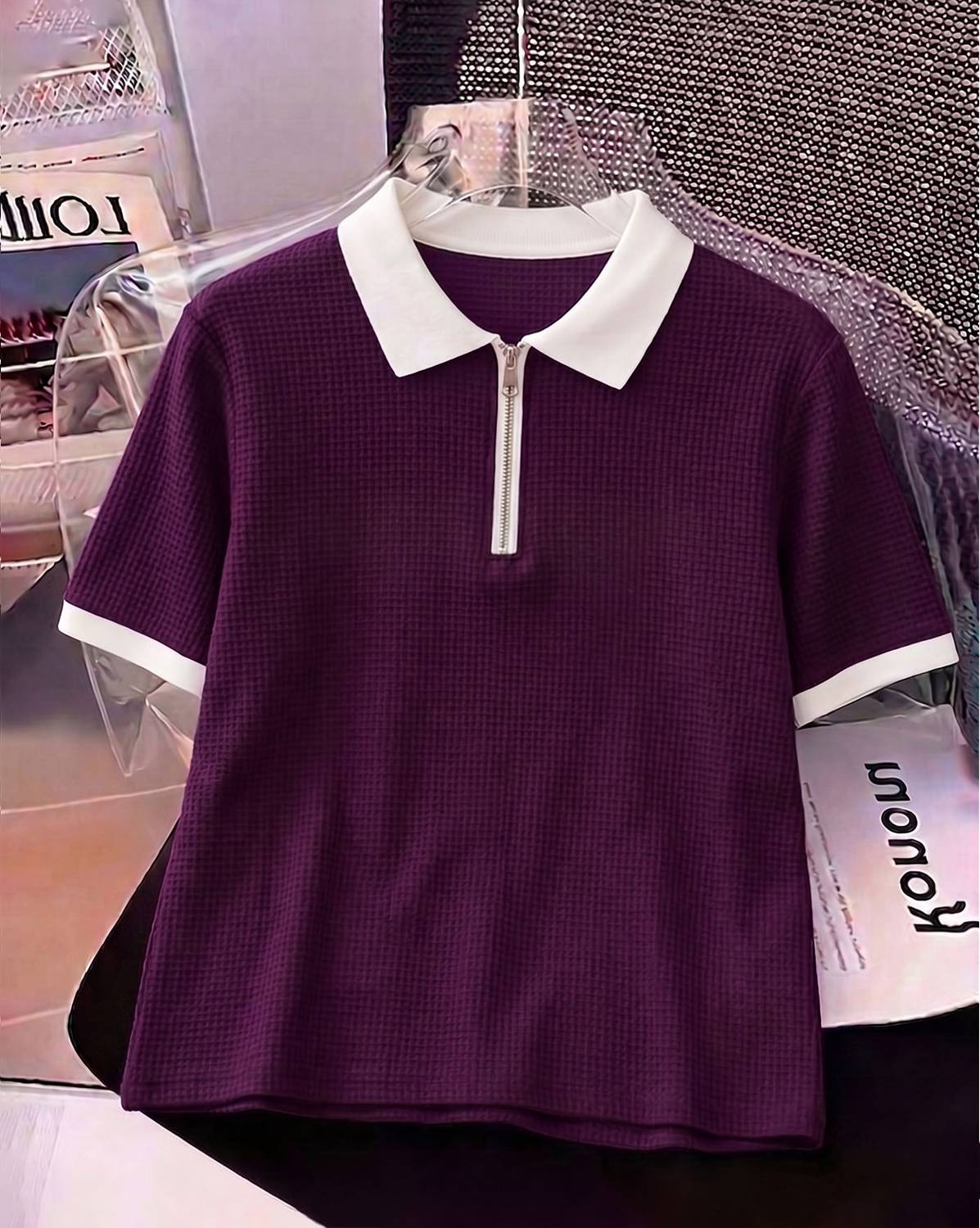 AOOSH Self Design Men Zip Neck Purple, White T-Shirt