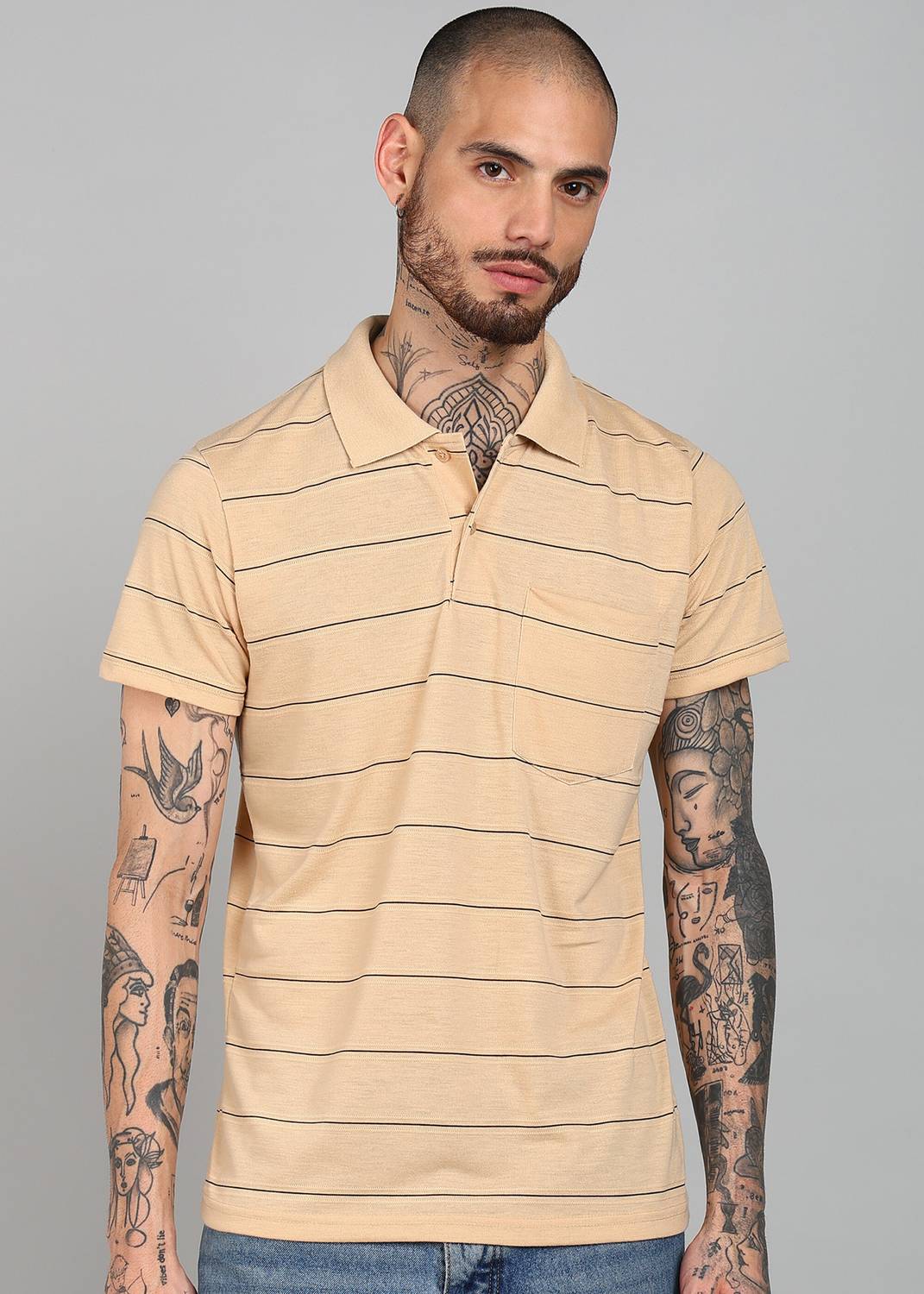 INKKR Men Striped Polo Neck Cotton Blend Multicolor T-Shirt