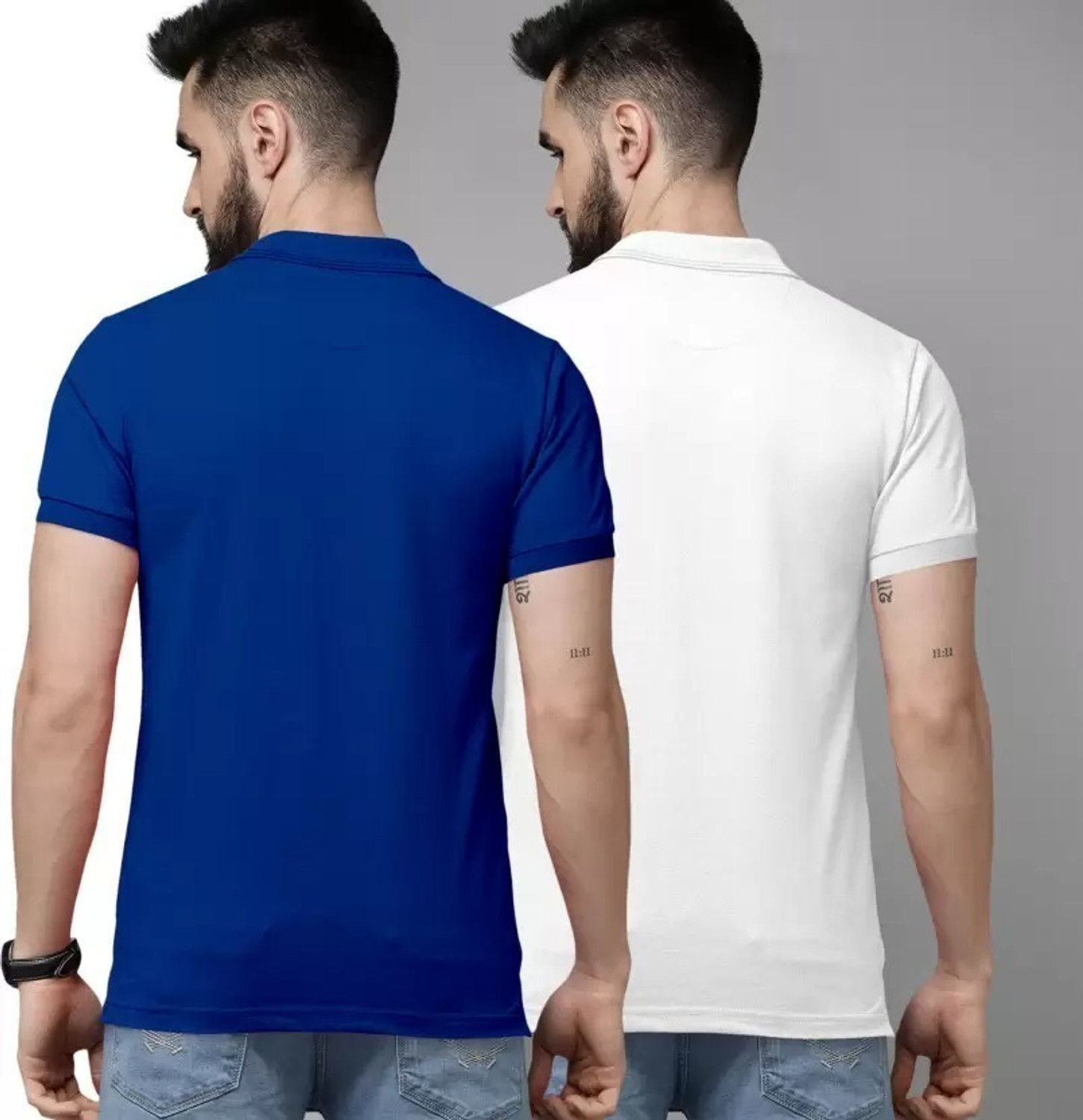 Image of balker merka Solid Men Polo Neck Dark Blue, White T-Shirt