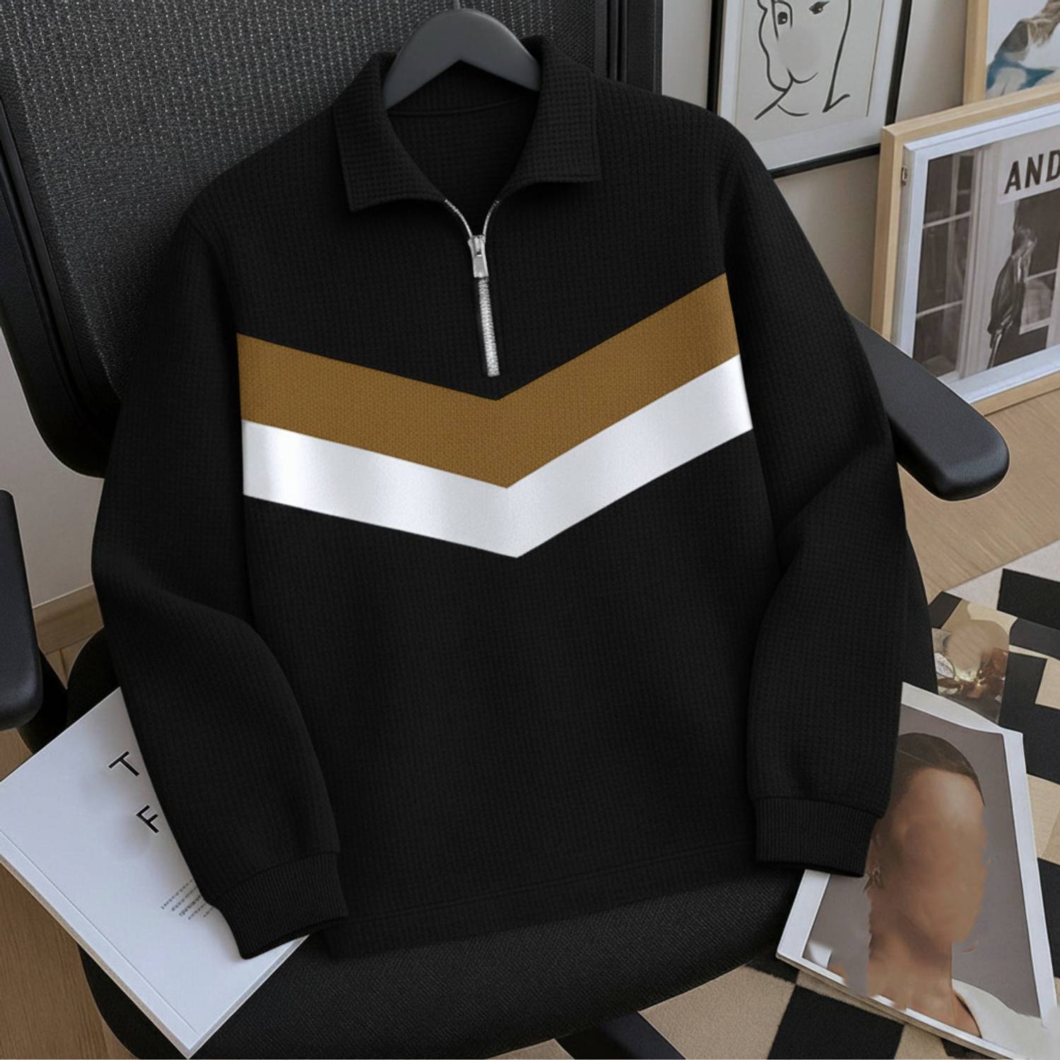 Try This Men Striped, Self Design Zip Neck Cotton Blend Brown, Bl