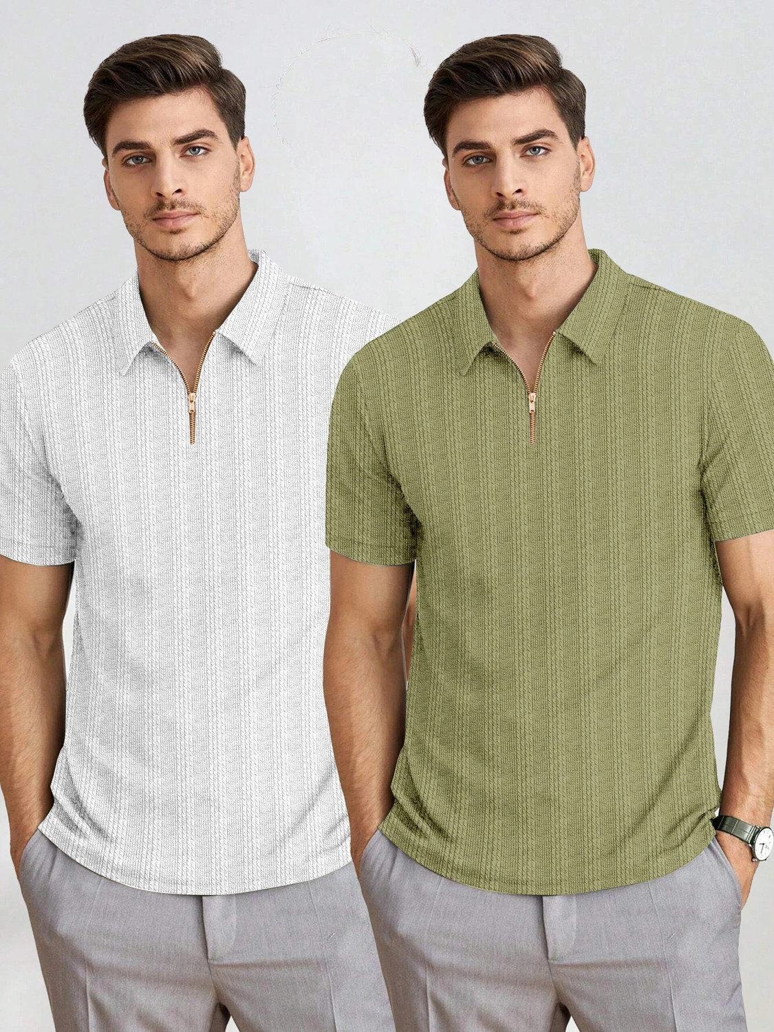 Image of COMBRAIDED Striped Men Zip Neck Light Green, White T-Shirt