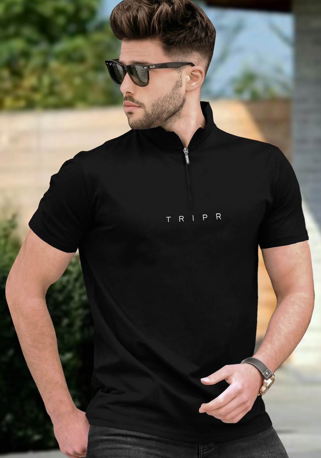 Image of TRIPR Printed Men Mandarin Collar Black T-Shirt