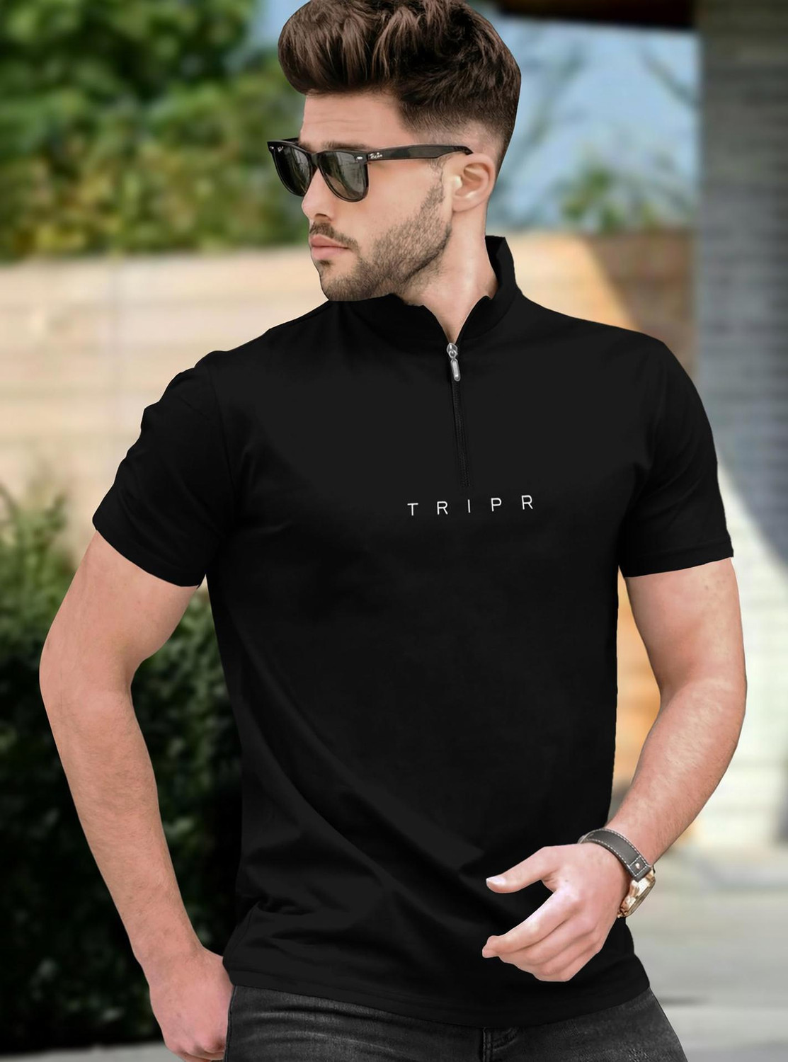 Image of TRIPR Printed Men Mandarin Collar Black T-Shirt