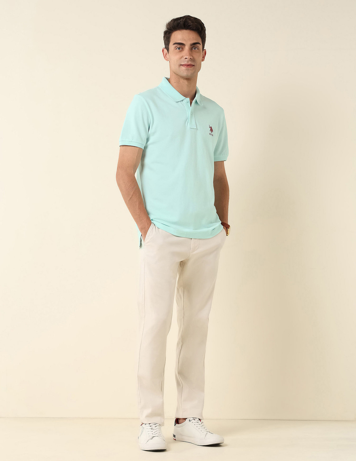 Image of U.S. POLO ASSN. Solid Men Polo Neck Light Green T-Shirt
