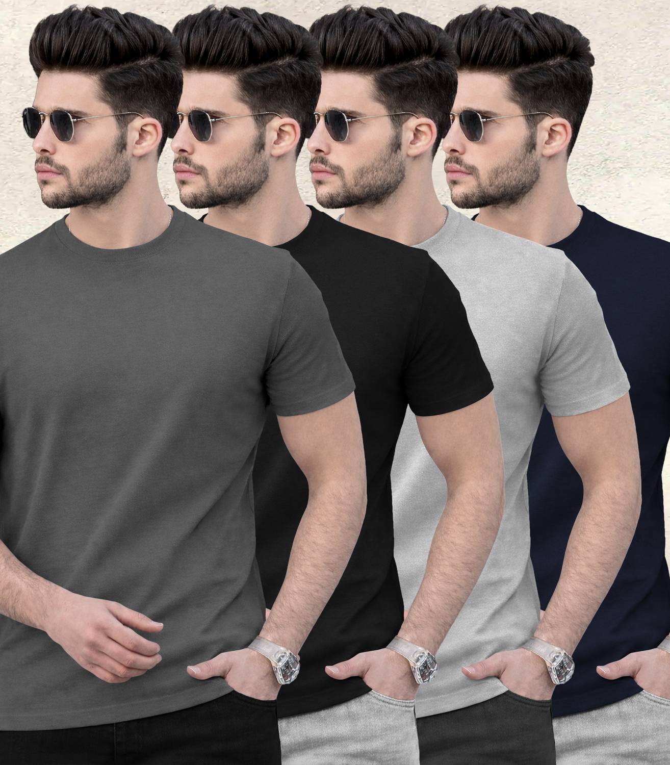 TRIPR Pack of 4 Men Solid Round Neck Cotton Blend Multicolor T-Sh