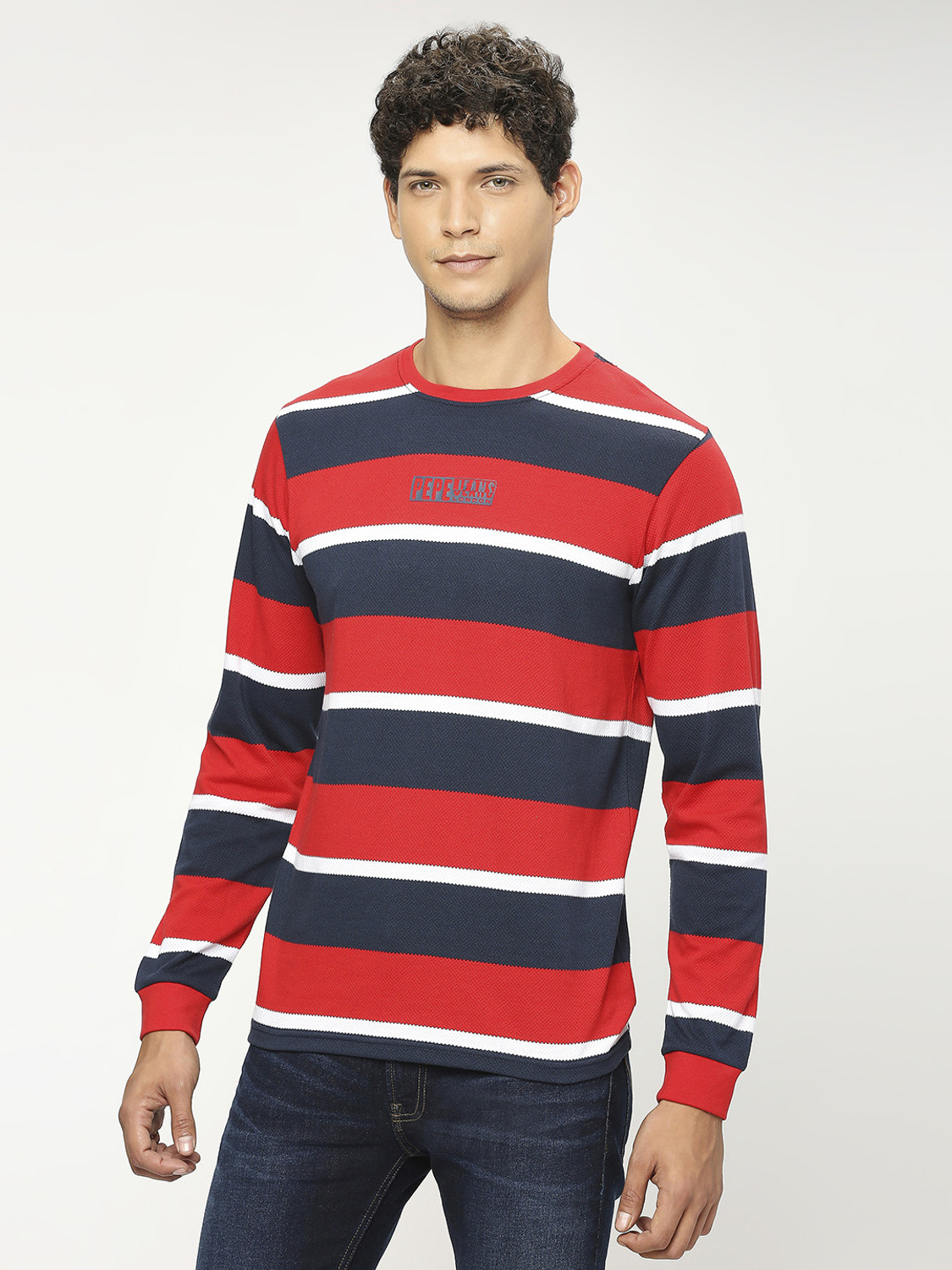Image of Pepe Jeans Striped Men Round Neck Red T-Shirt