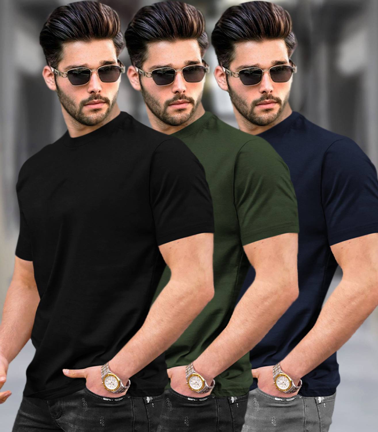 TRIPR Pack of 3 Men Solid Round Neck Cotton Blend Multicolor T-Sh