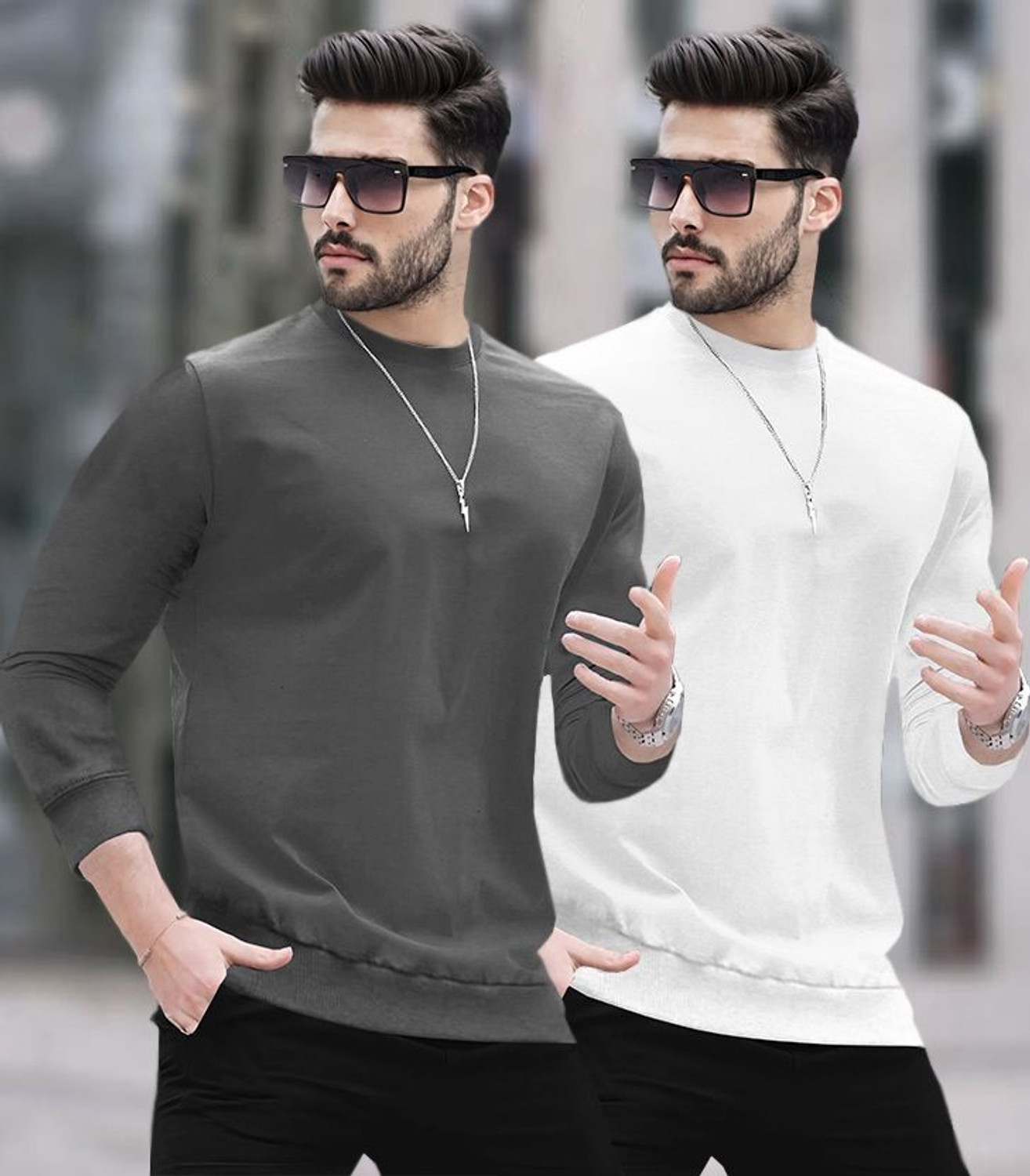 Image of BLIVE Solid Men Round Neck Grey, White T-Shirt