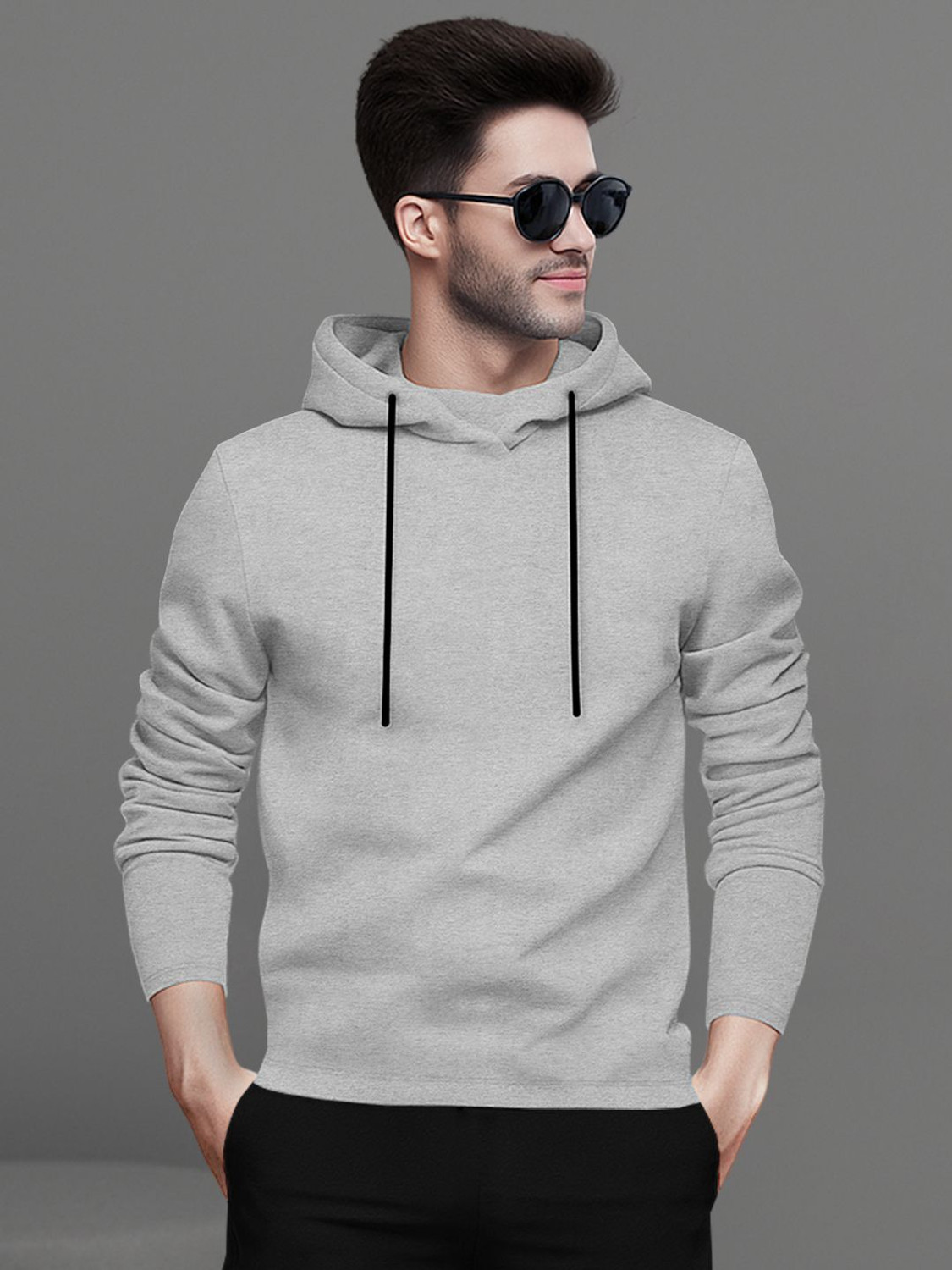 Image of BLIVE Solid Men Hooded Neck Grey T-Shirt